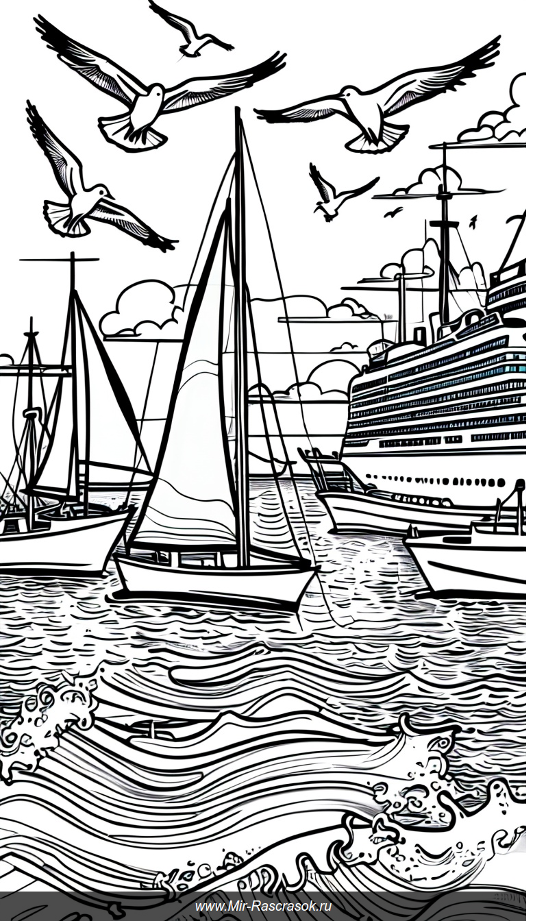 Раскраска живой порт с парусниками и круизным лайнером