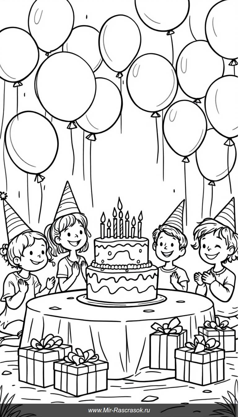 Веселый День Рождения Раскраска для Маленьких Художников с Воздушными Шариками