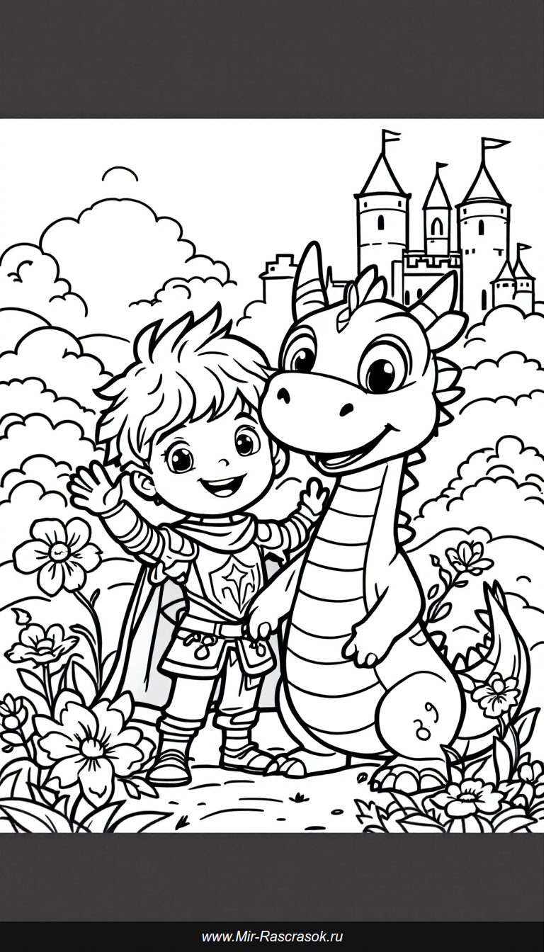 Весёлый рыцарь и дружелюбный дракон в раскраске для детей