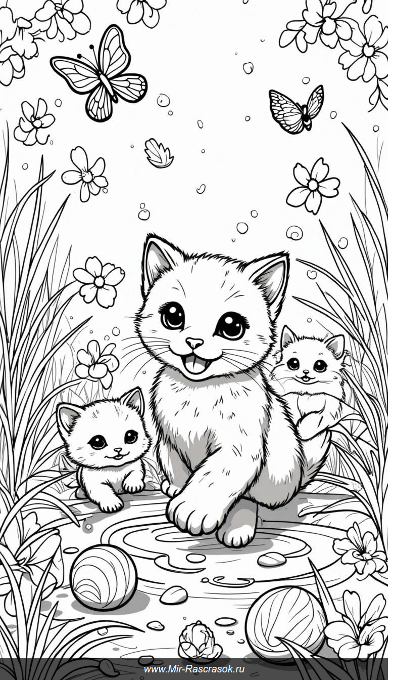 Игры котят в цветущем саду раскраска для души