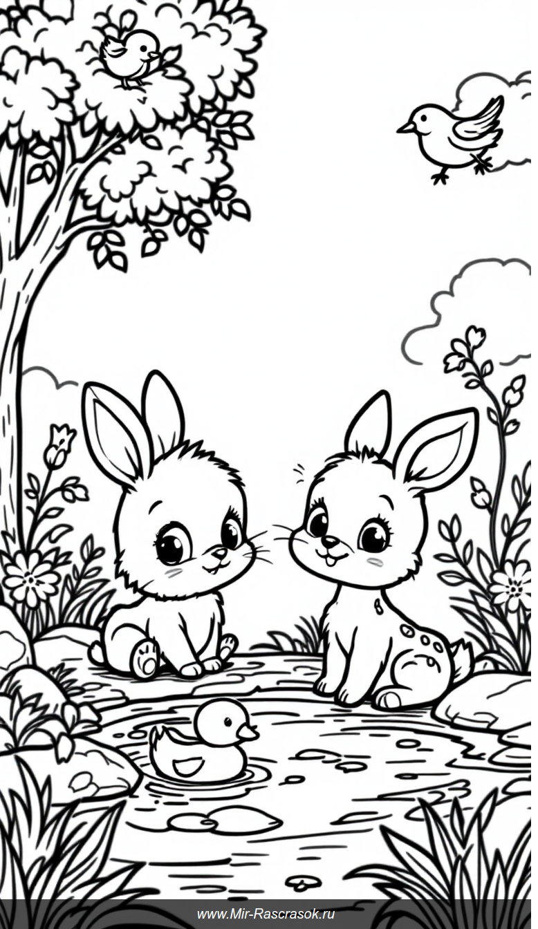 Весёлые малышки зверята на солнечной поляне раскраска для детей