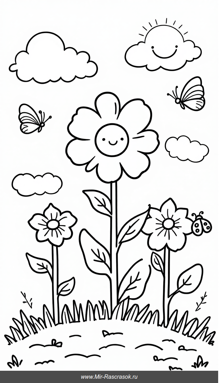 Веселая раскраска с простыми цветами и улыбающимся солнцем для детей