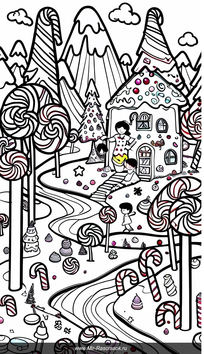 Волшебная страна сладостей в раскраске с карамельными деревьями и шоколадными реками