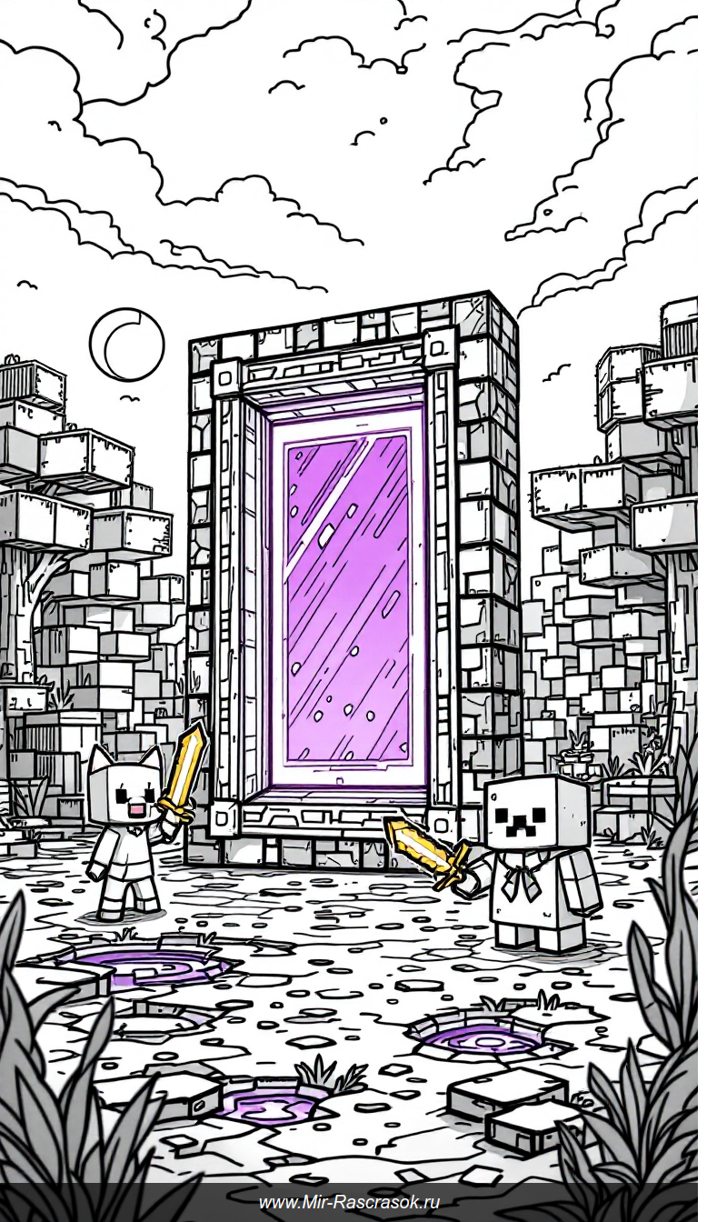 Раскраска Майнкрафт Портал Нижнего мира с дружелюбными существами