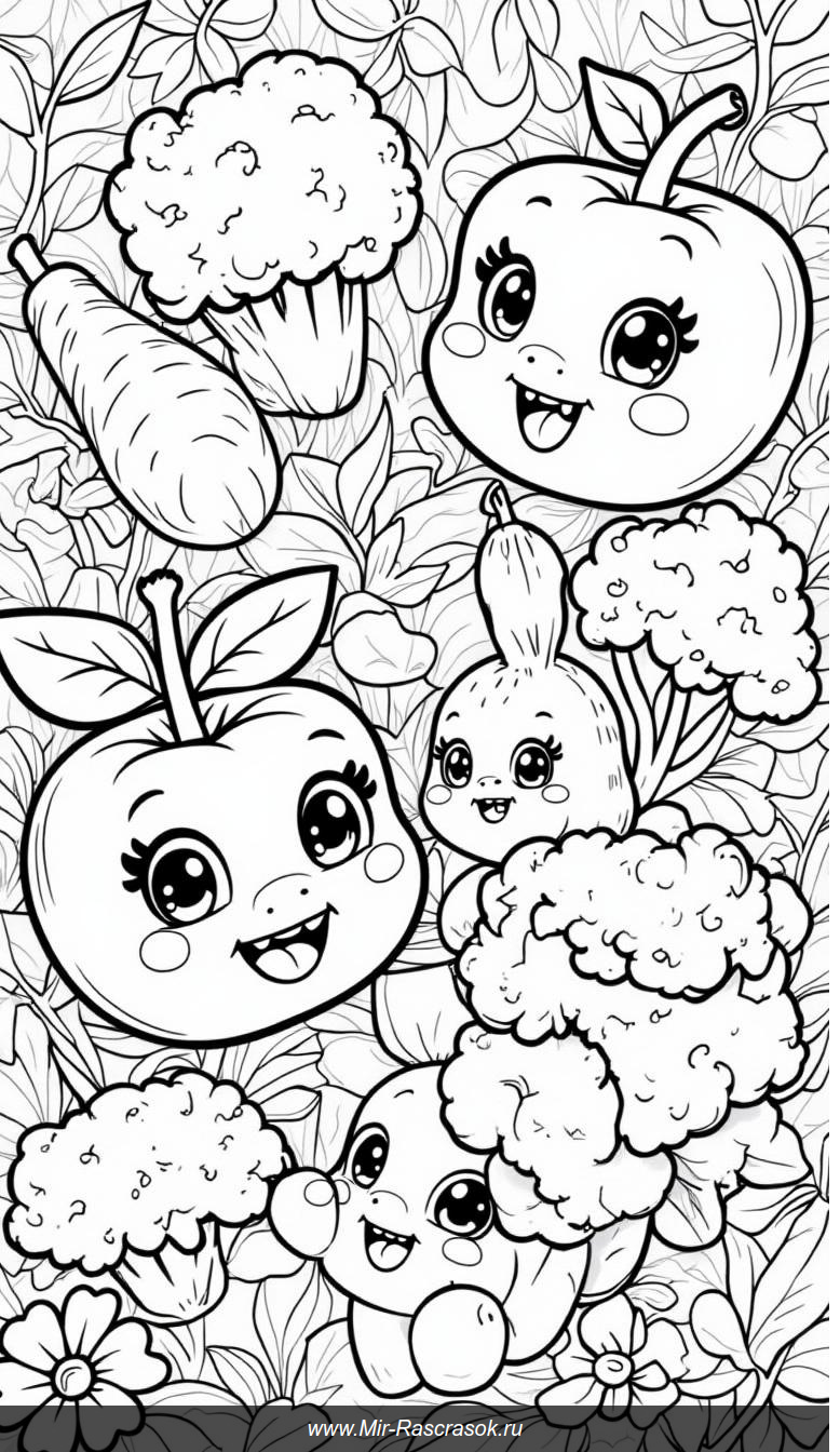 Веселые фрукты и овощи для раскрашивания с улыбками