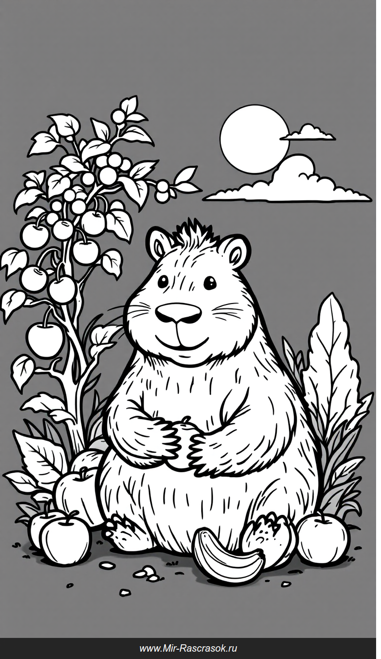 Весёлое капибара и фруктовый сад раскраска для детей