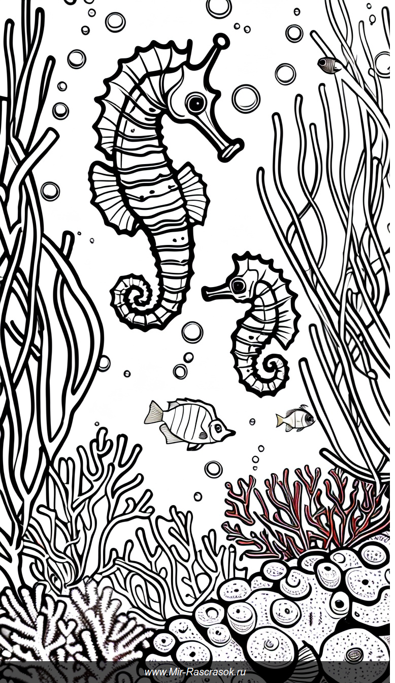 Раскраска подводный мир с изящными морскими коньками и кораллами в деталях