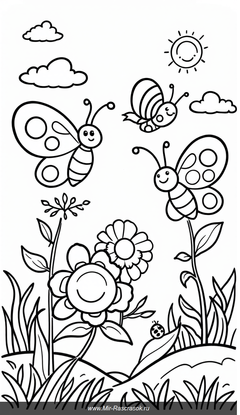 Веселая раскраска с бабочками и цветами в солнечном саду для детей