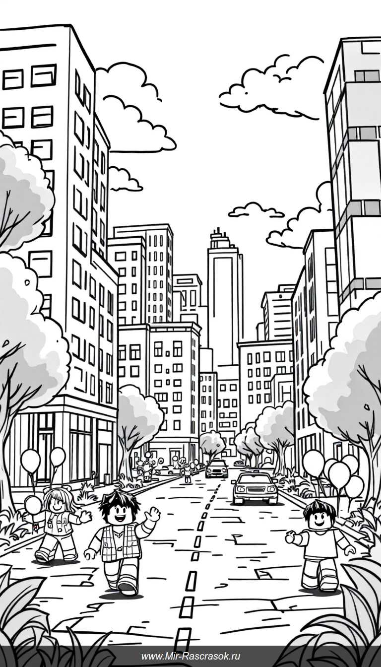 Раскраска веселый город Roblox для детей с простыми фигурами и дружелюбными персонажами