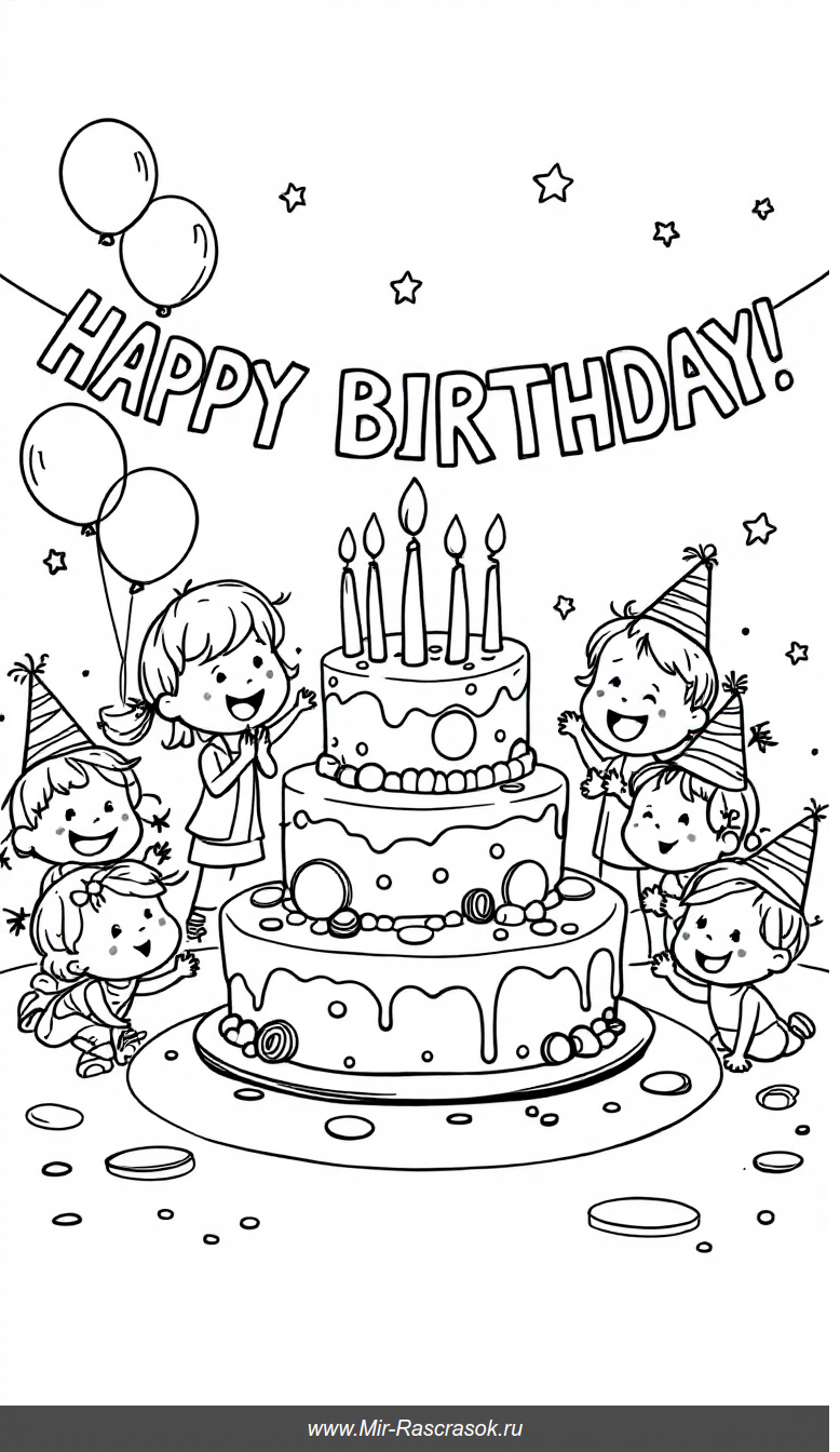 Весёлый раскраска с днём рождения для детей с праздничным тортом