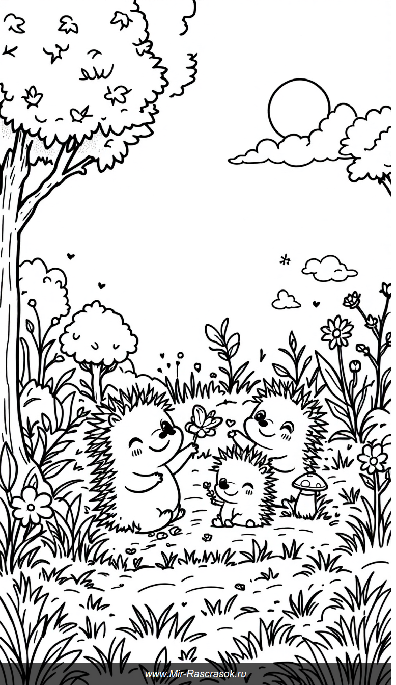 Веселые ежата играют на солнечной лесной полянке раскраска для детей