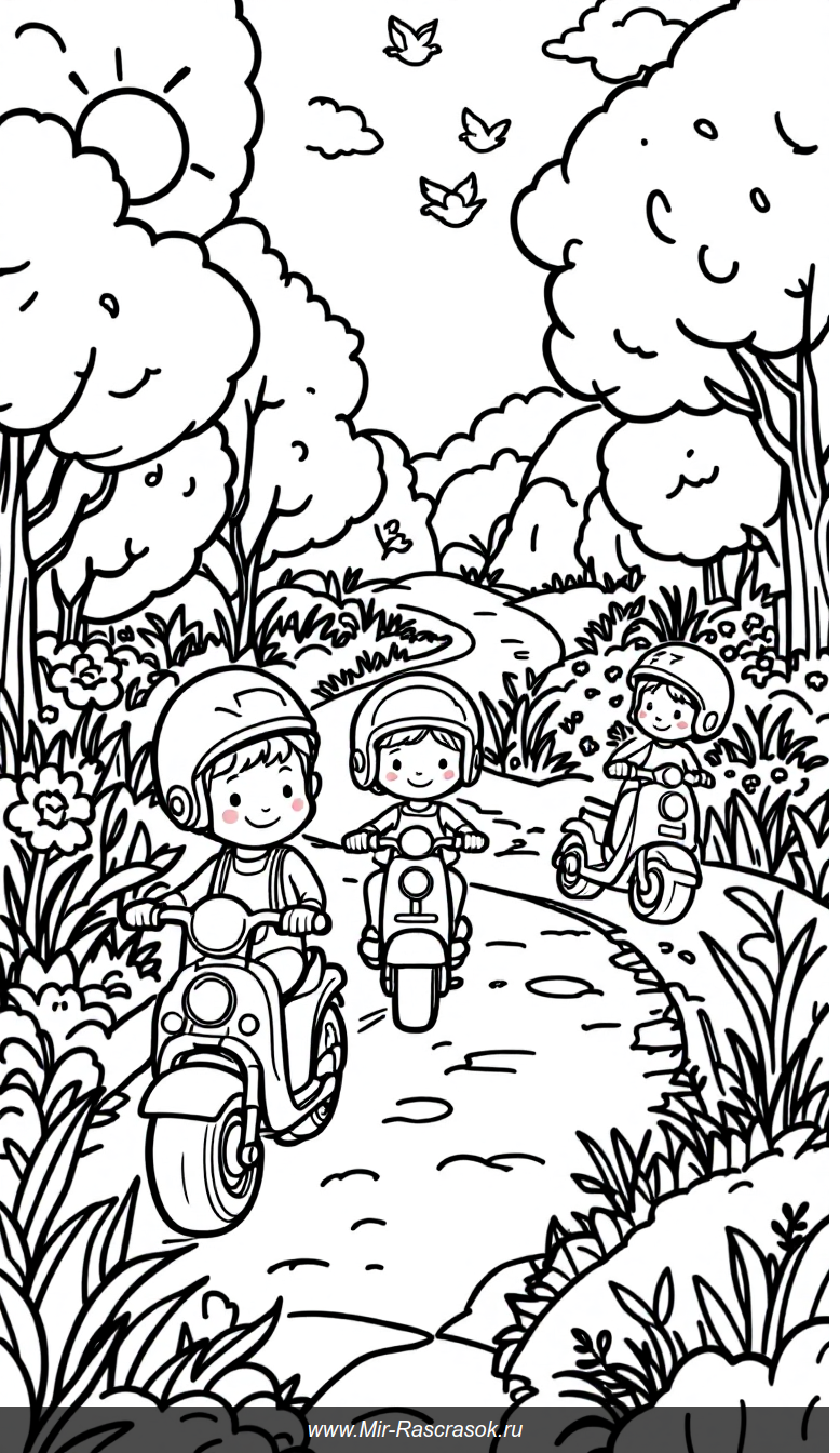 Детская раскраска парк мотобайки и самокаты для весёлого творчества