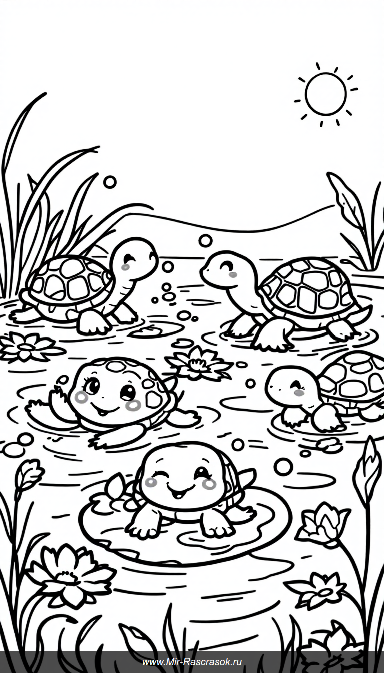 Веселые черепахи в пруду Раскраска для детей с простыми большими контурами