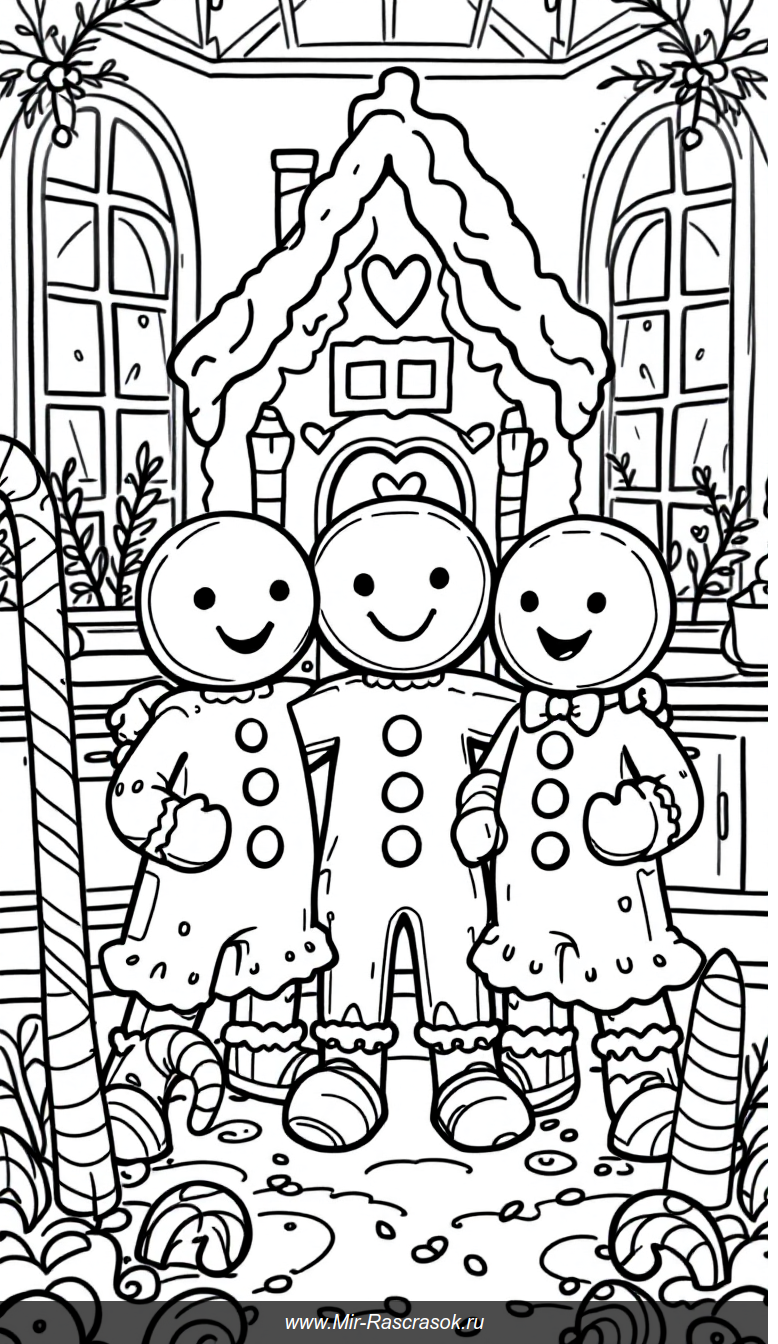 Веселые пряничные друзья в уютной кухне для раскрашивания