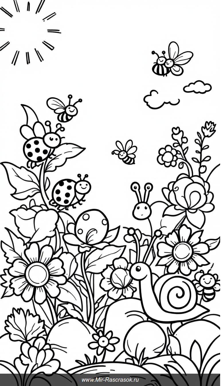 Веселый сад для раскрашивания с божьими коровками и бабочками