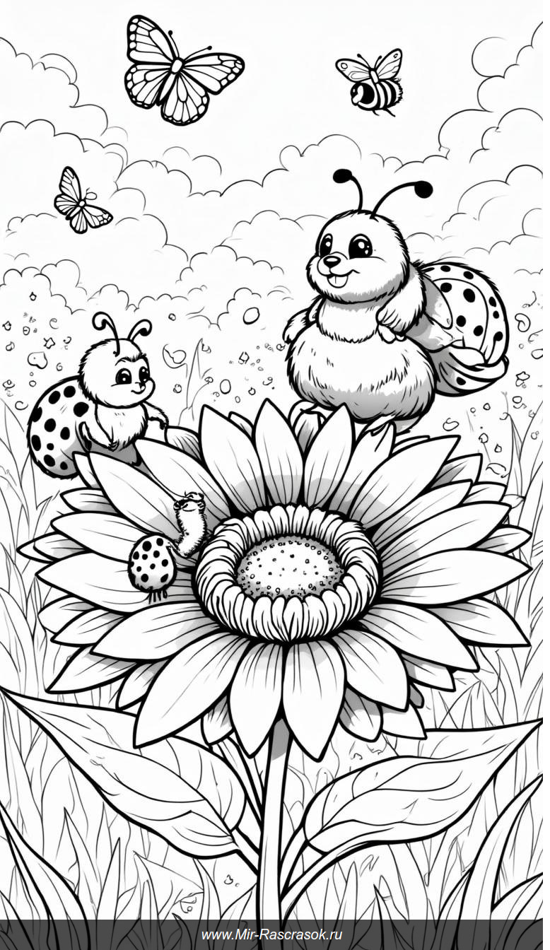 Веселые божьи коровки на подсолнухе с бабочками и пчелами