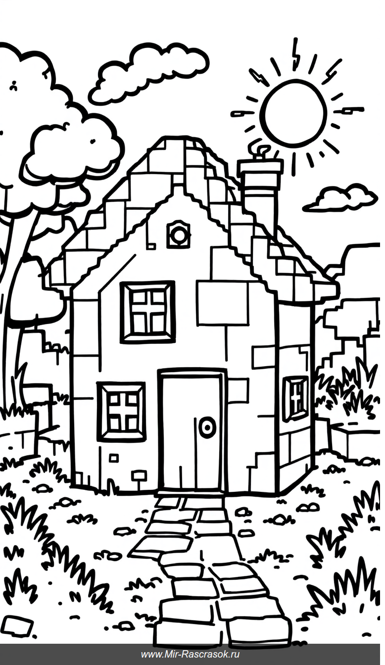 Раскраска в стиле Майнкрафт Дом из квадратных блоков для детей