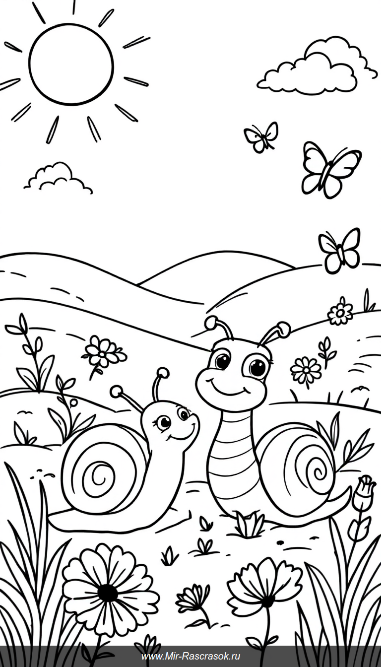 Счастливый сад с улыбающимися улитками для детской раскраски