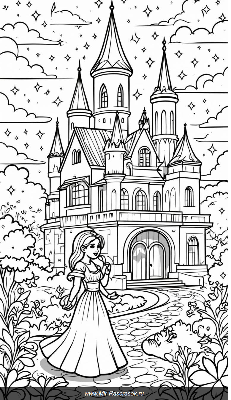 Волшебный дворец принцессы между звездами и облаками