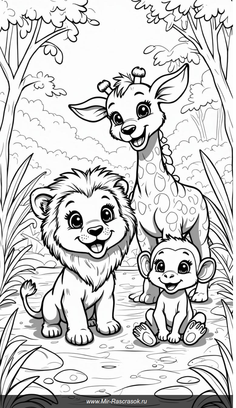 Веселая группа зверят в зоопарке