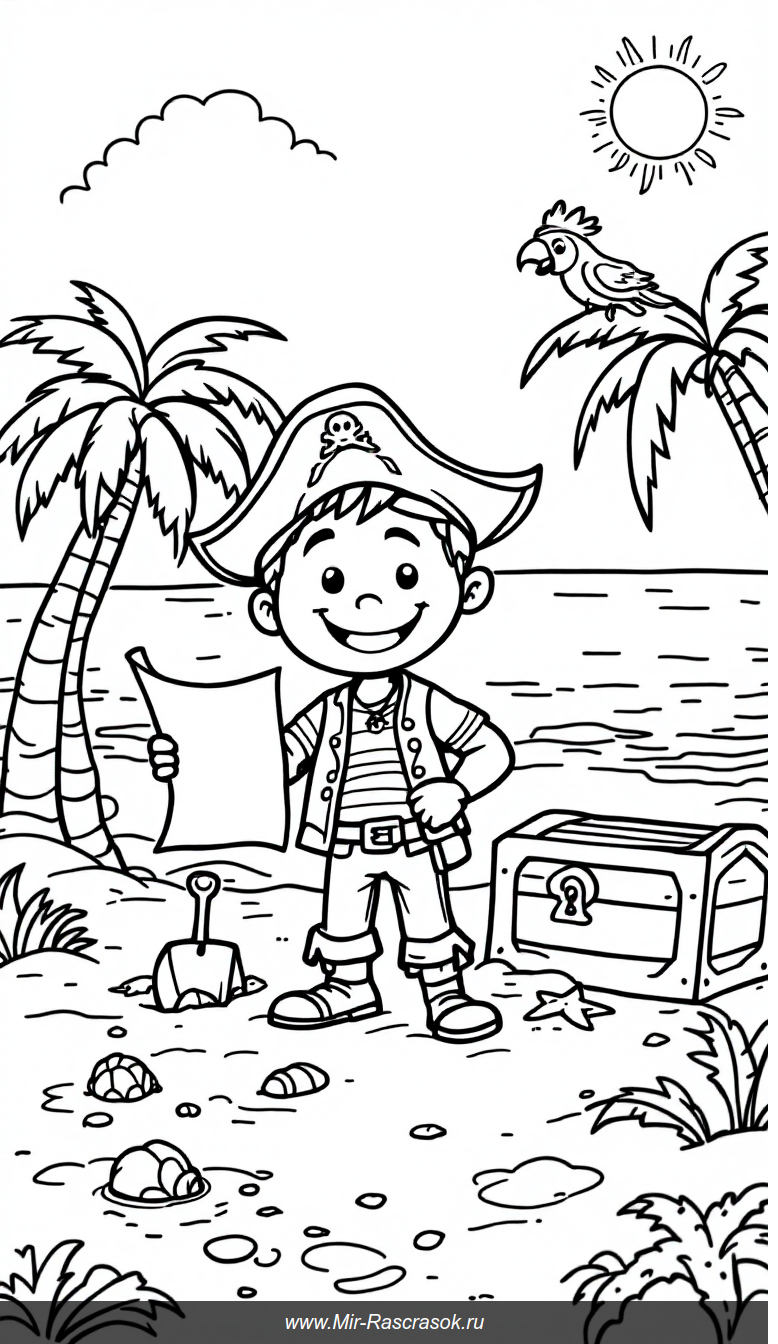 Дружелюбный маленький пират с сокровищами на пляже для раскраски