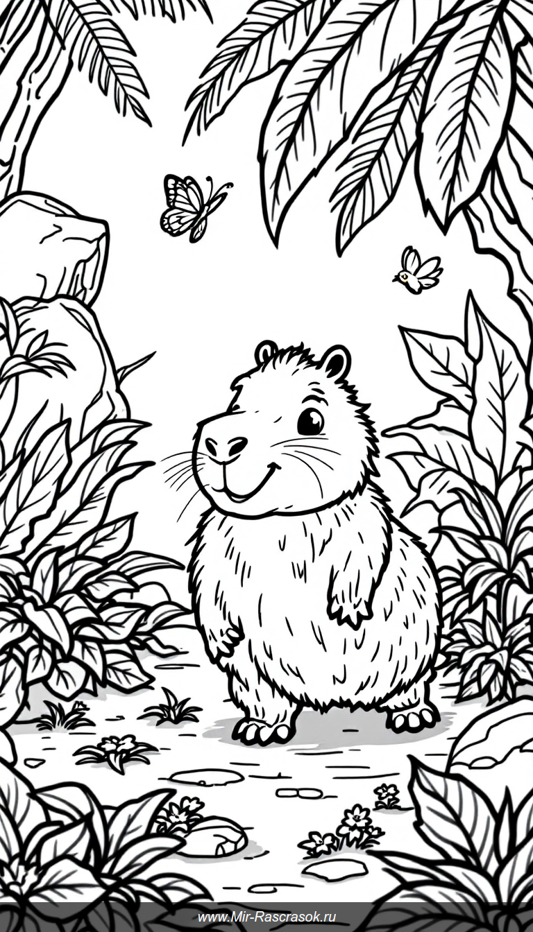 Погрузитесь в увлекательное приключение с капибарой в джунглях 🐾🌿 Эта раскраска развивает творчество и веселит детей 🖍️🌸 Простые и милые детали помогут ребёнку легко раскрашивать и узнавать природу джунглей 🦋🐦 Идеальный выбор для маленьких художников и любителей животных!