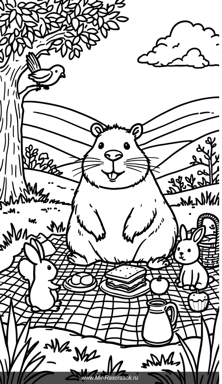 Веселое пикниковое приключение с капибарой и друзьями для раскрашивания