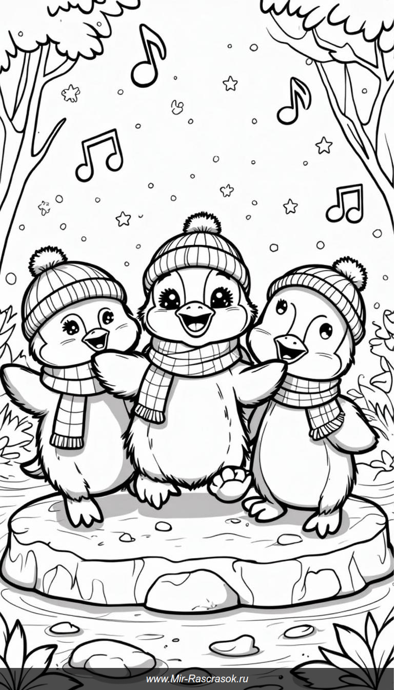 Веселые пингвины на ледяной сцене раскрась по-своему