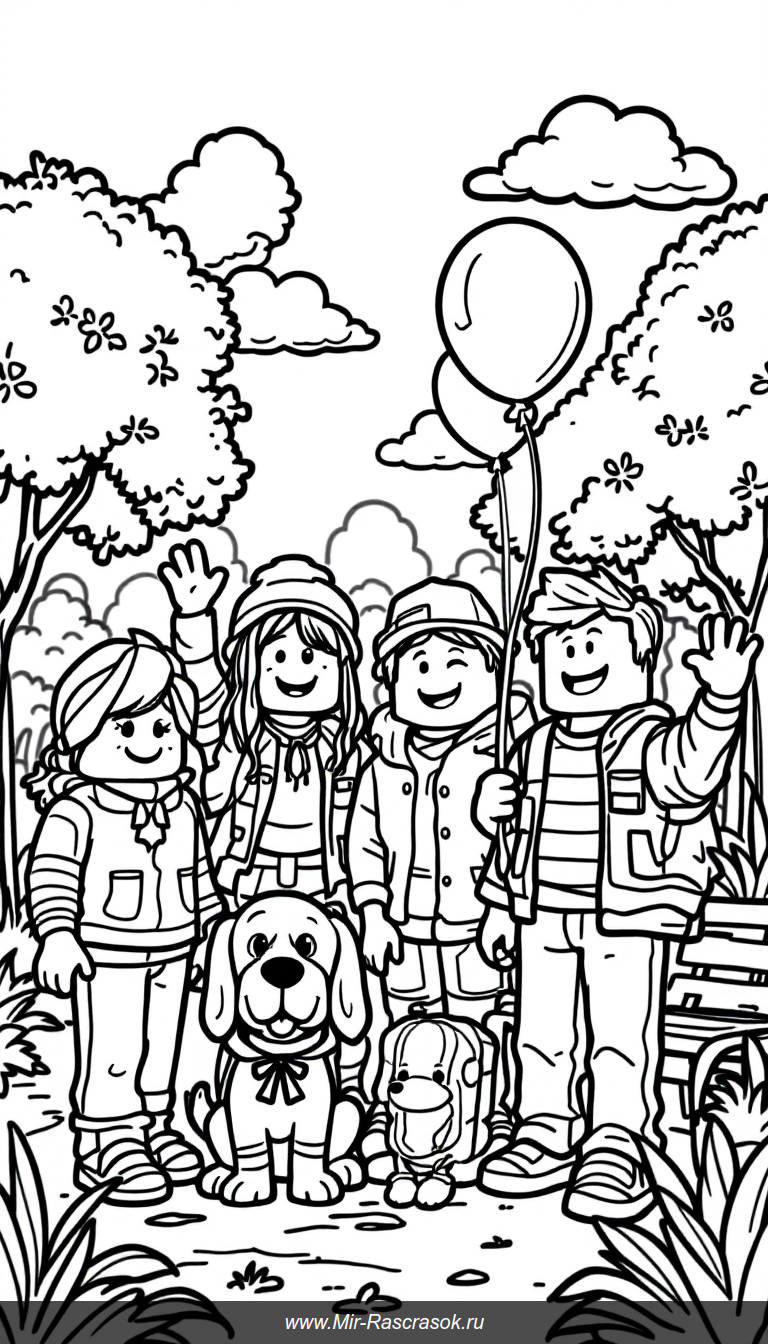 Веселая раскраска Роблокс для детей с дружелюбными героями в парке