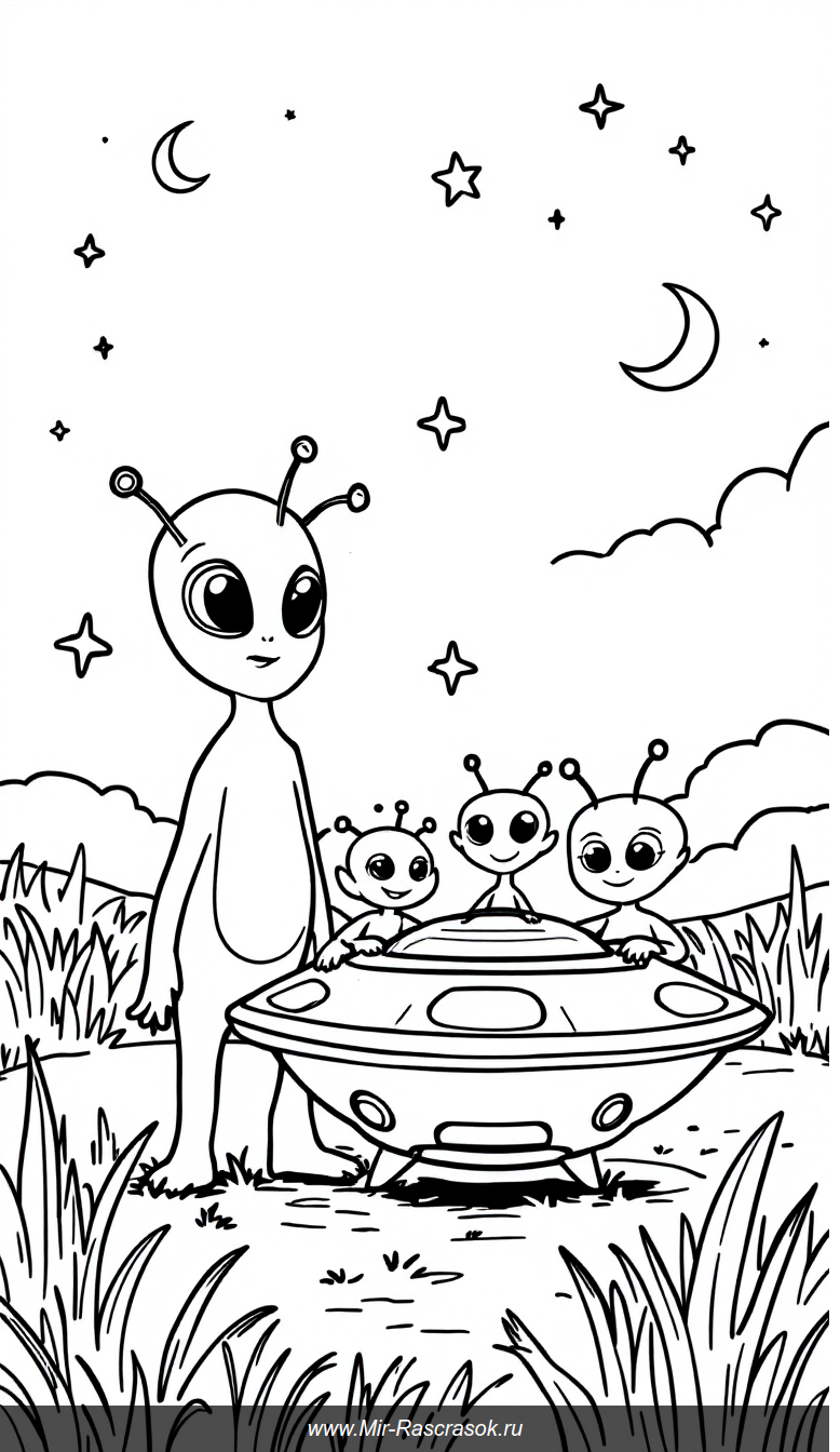 Дружная семья инопланетян и их круглый НЛО для раскрашивания