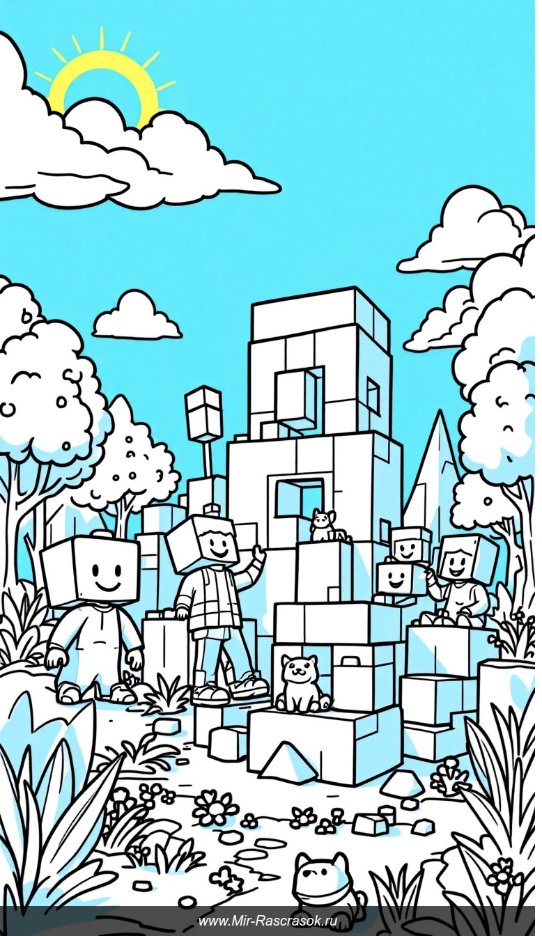 Весёлые дети строят мир из кубиков Роблокс для раскрашивания