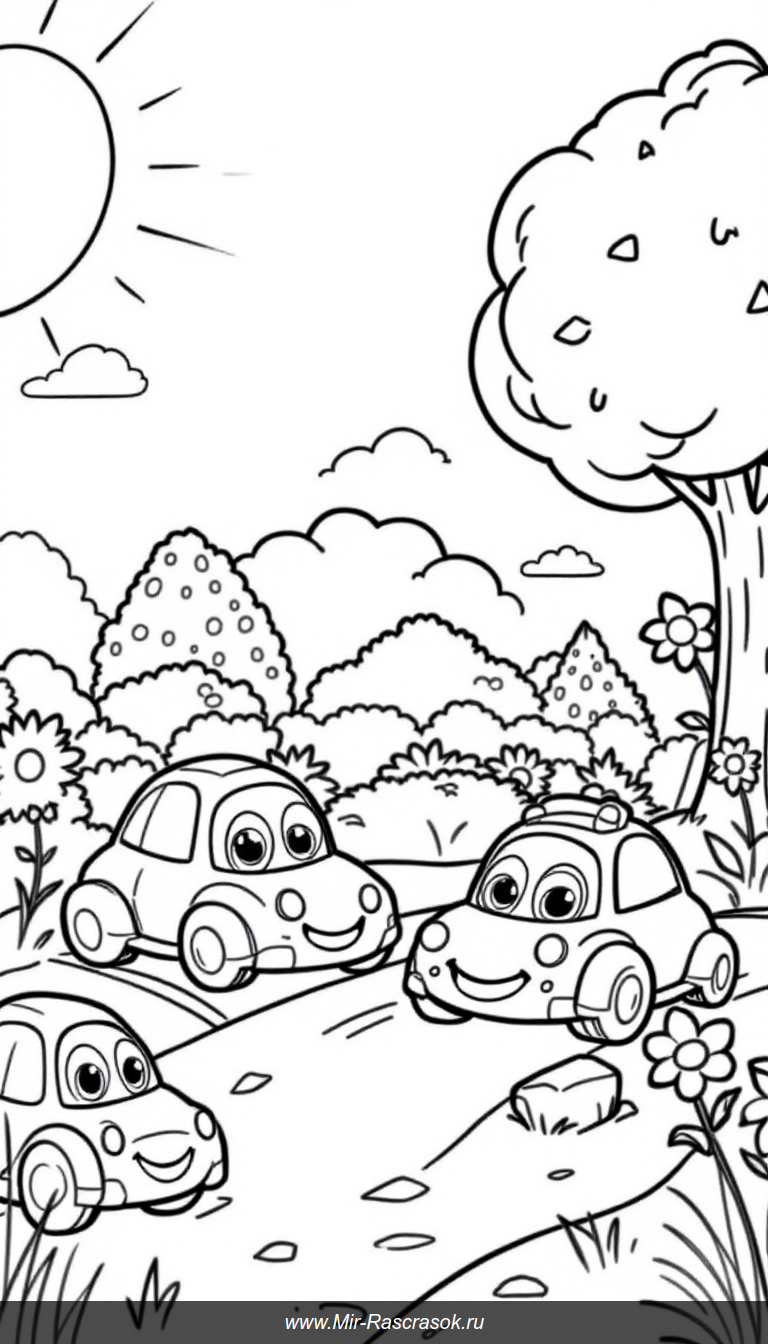 Веселые маленькие машинки в парке раскраска для детей