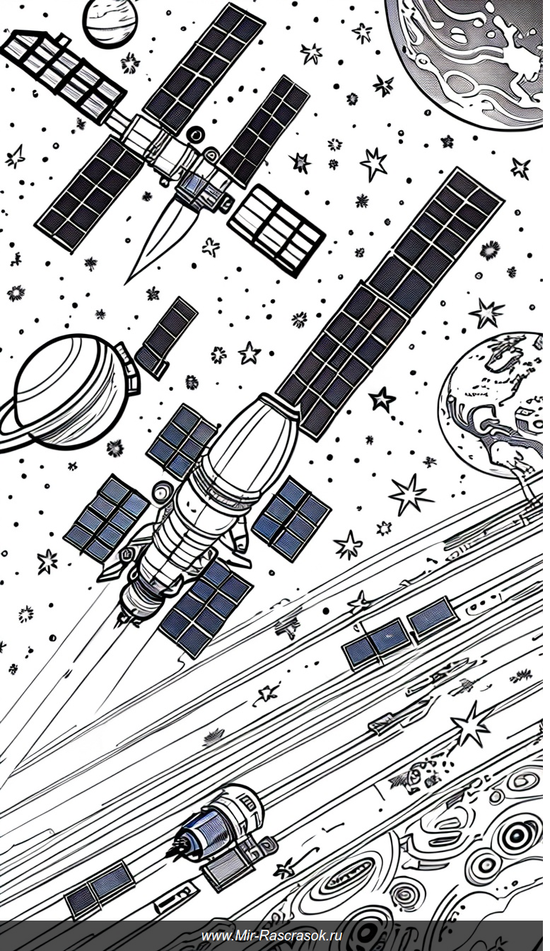 Раскраска космоса с детализированными спутниками и футуристическими кораблями