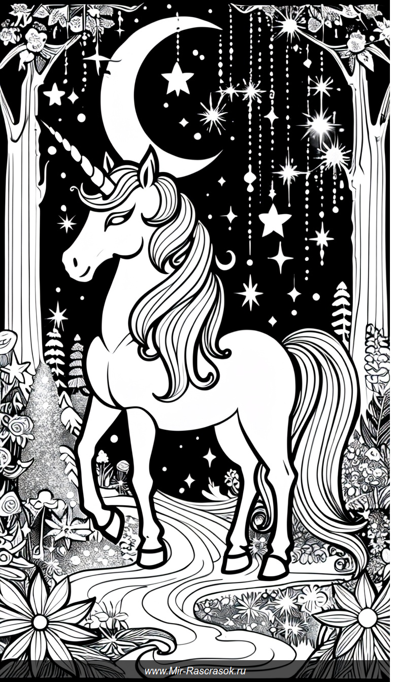 Волшебный единорог в зачарованном лесу для раскрашивания