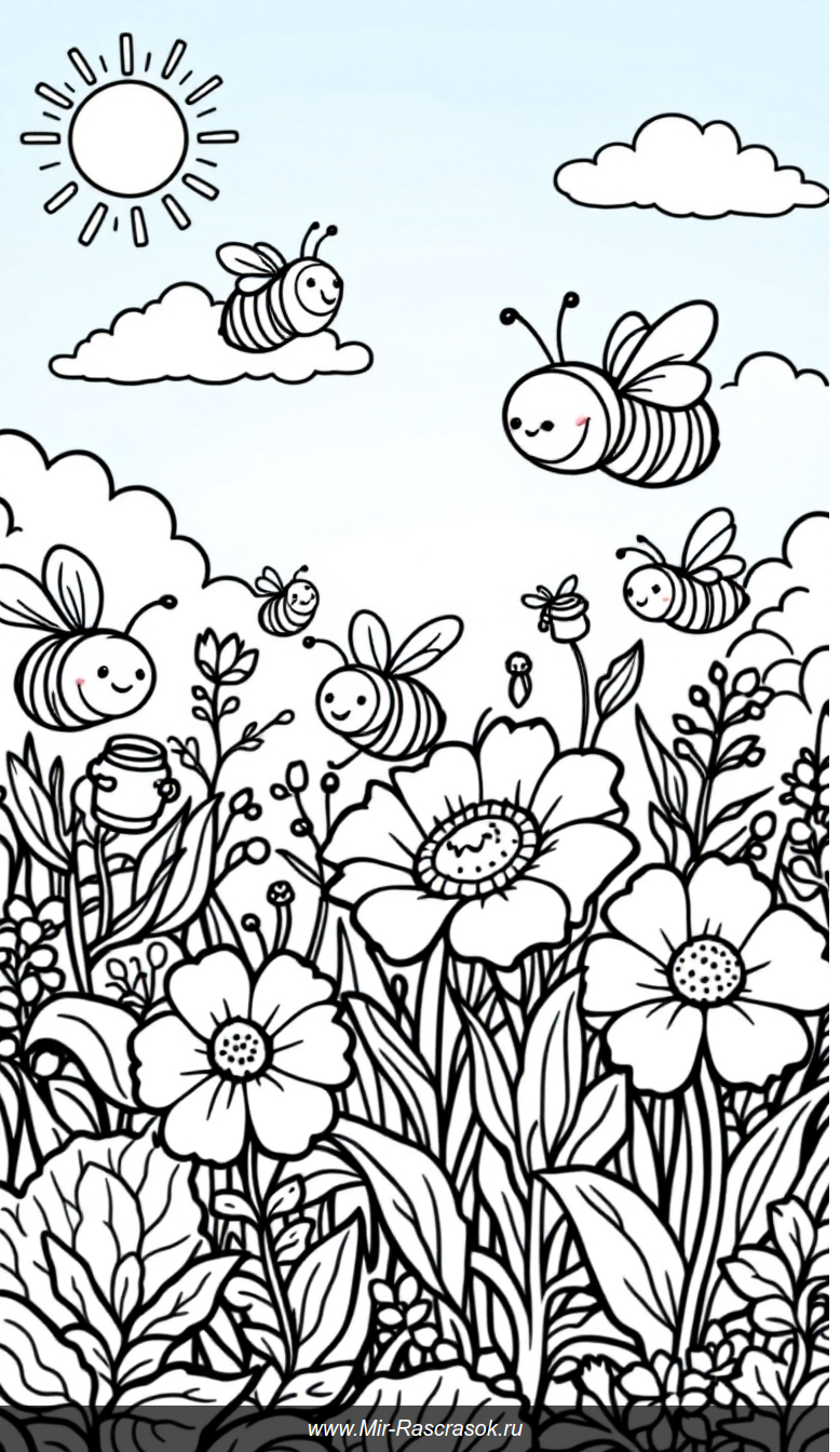 Веселые пчелки в саду раскраска для детей с яркими цветами