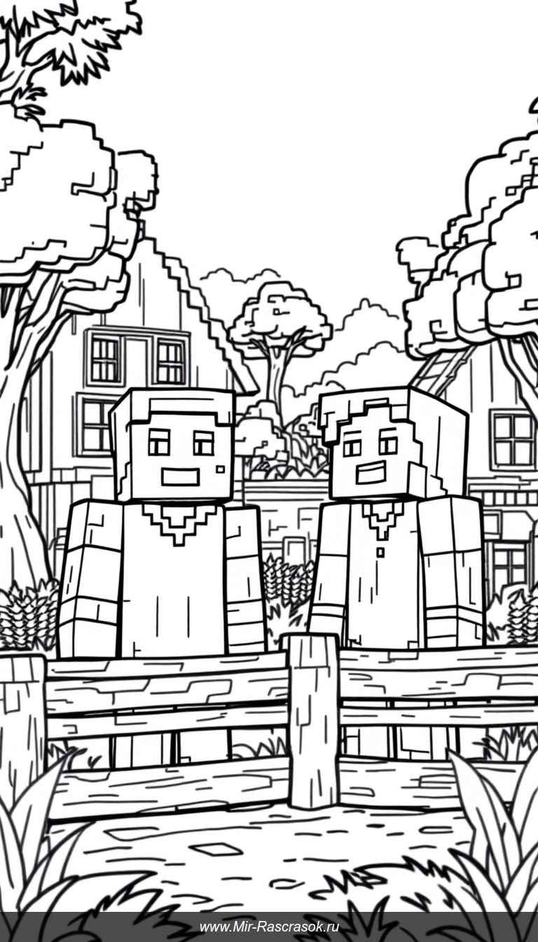 Раскраска Дружелюбная деревня в стиле Minecraft для детей