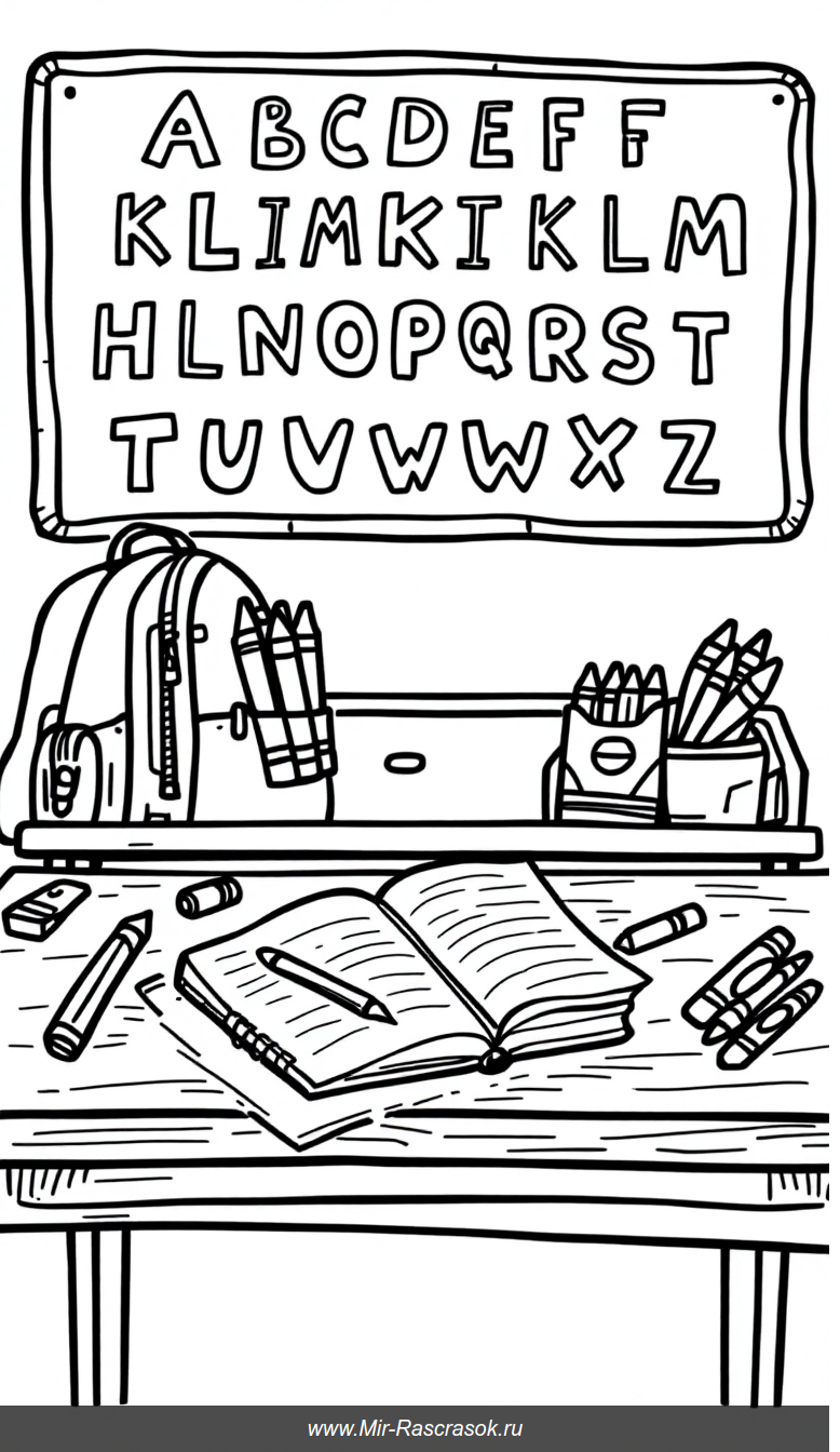 Раскраска с школьным столом и яркими карандашами для малышей