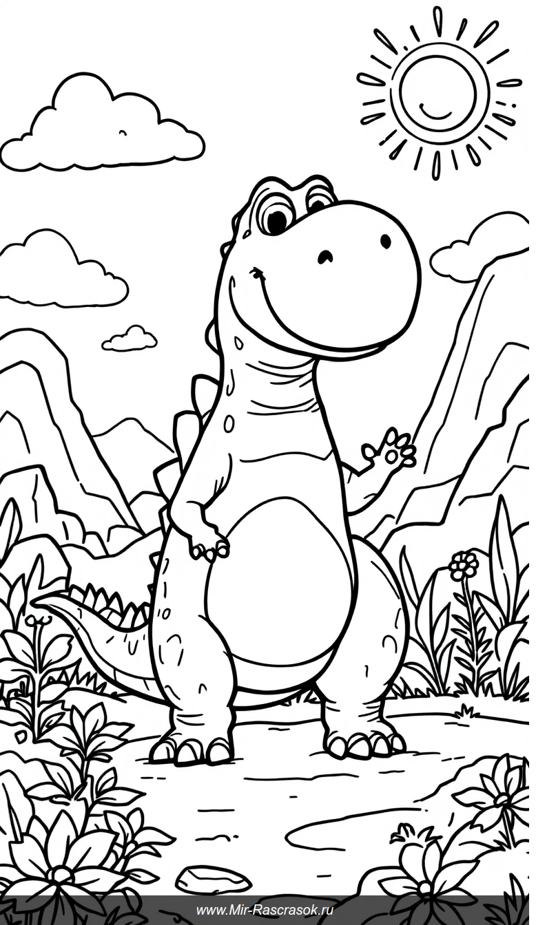 Дружелюбный Тираннозавр в солнечном доисторическом мире для раскраски