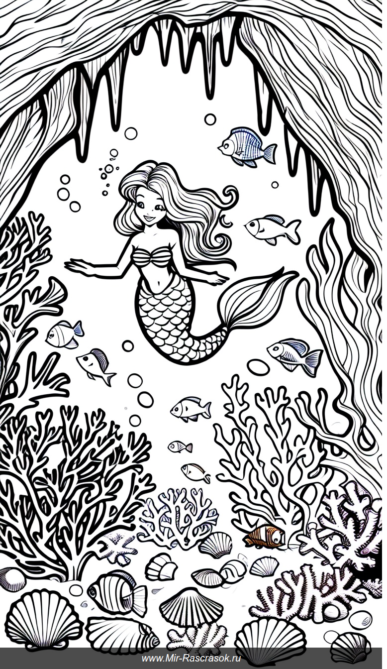 Раскраска с игривой русалкой исследующей подводную пещеру с кораллами и морскими обитателями