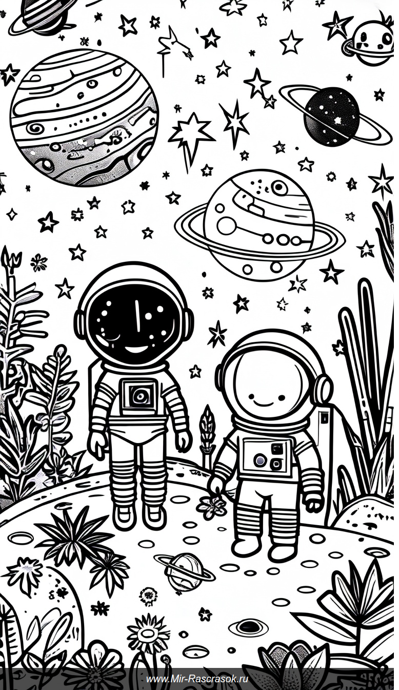 Раскраска с весёлым инопланетянином и астронавтом на цветной планете