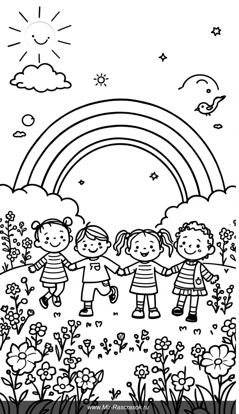 Весёлая раскраска с детьми и радужным небом для творчества и дружбы