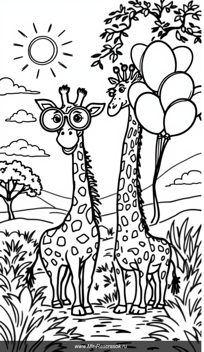 Веселые жирафы в раскраске для детей с большими контурами на солнечной саванне