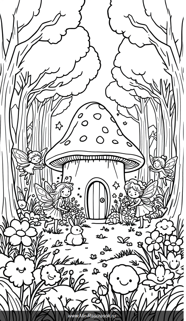 Волшебная сказка для раскрашивания друзьями фей в лесной поляне