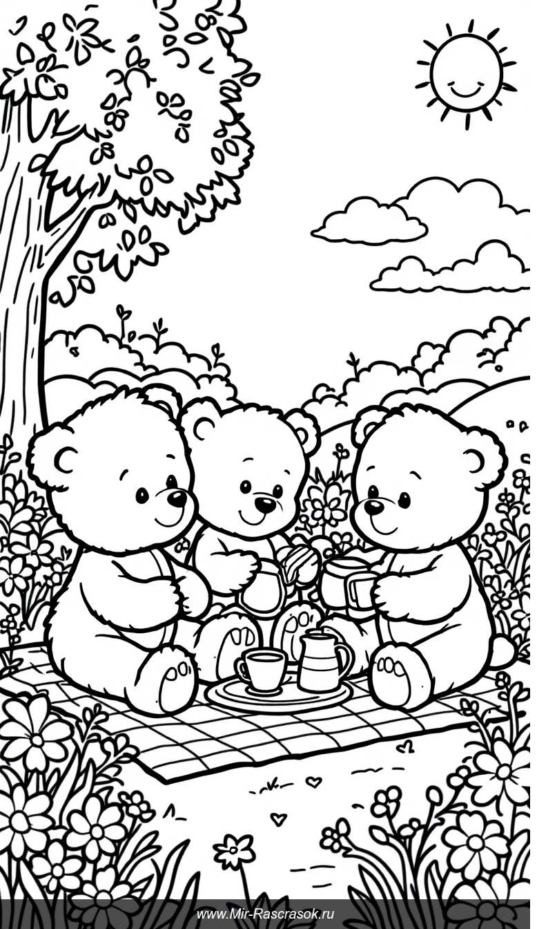 Весёлый пикник трёх мишек раскраска для малышей