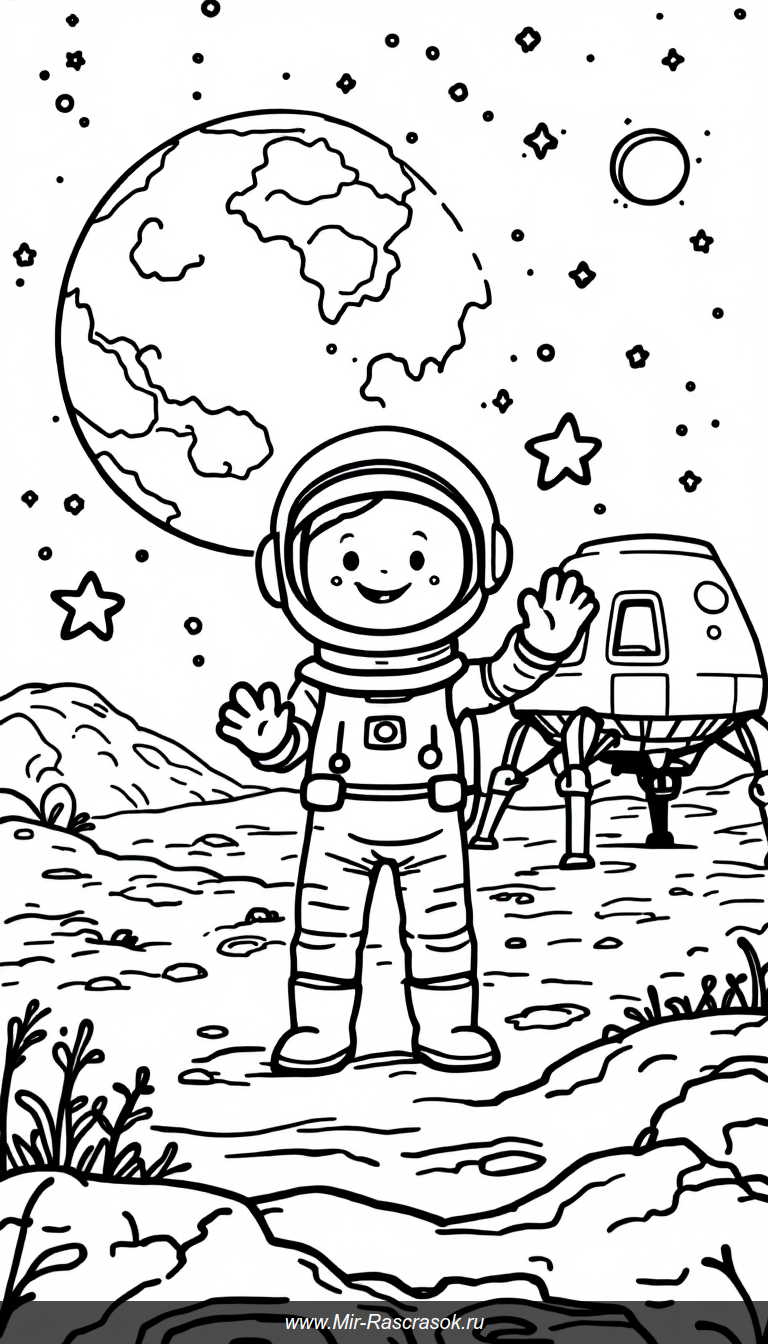 Дружелюбный астронавт на Луне для детской раскраски
