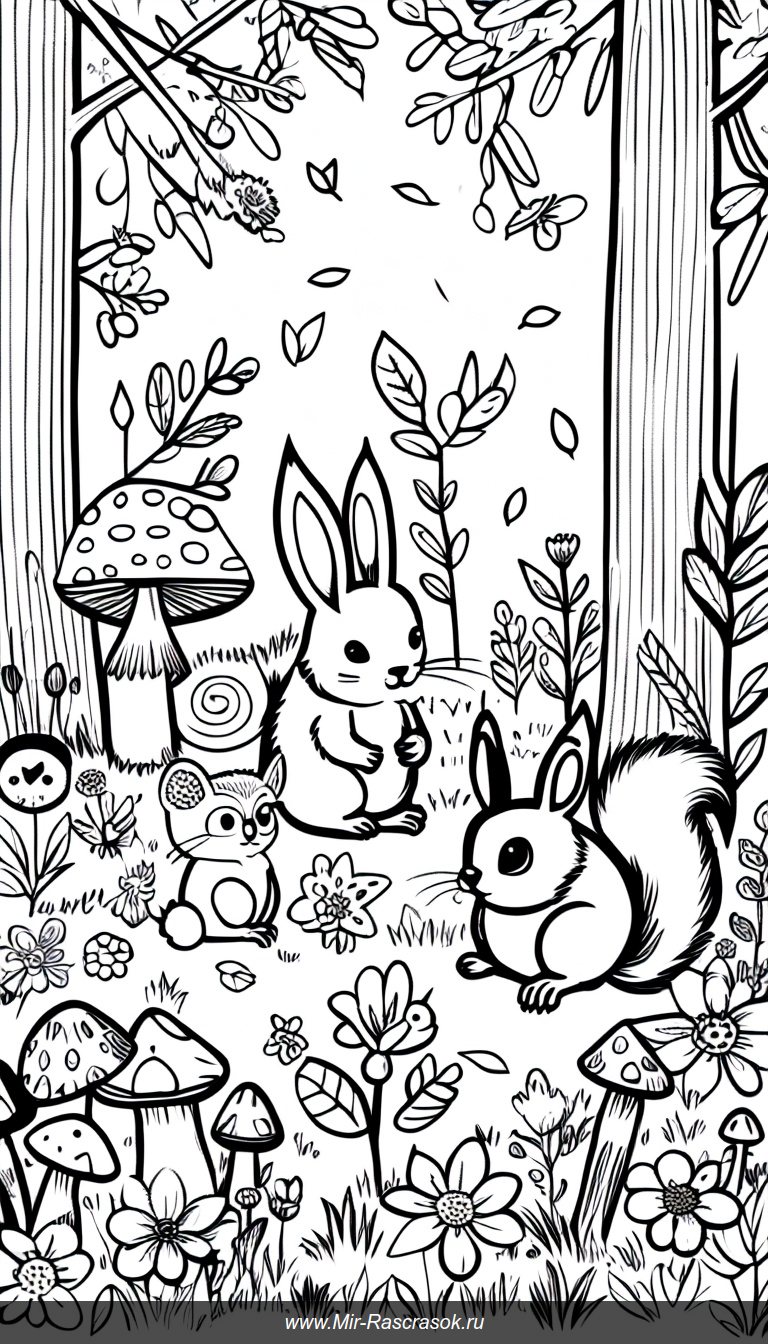 Уютный лес для раскрашивания с белочкой зайчиком и совой