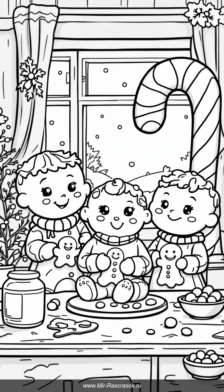 Откройте мир радости с весёлыми пряничными друзьями в нашей раскраске 🍪❄️ Простые линии и добрые образы помогут детям развить фантазию и подарят уютные моменты творчества 🎨 Подходит для малышей и идеально для зимнего настроения 🌟