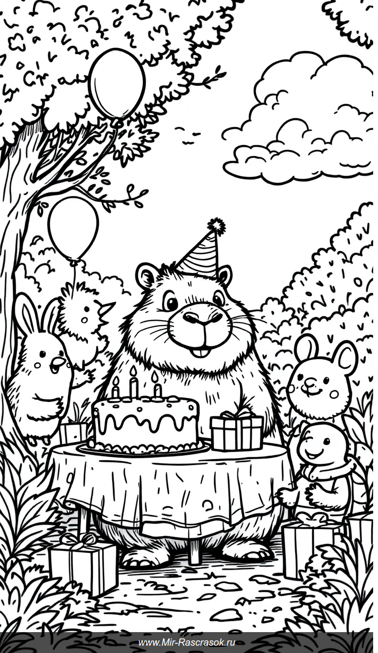 Веселая раскраска с капибарой и друзьями на дне рождения