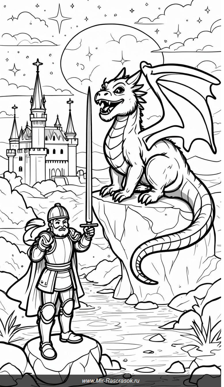 Раскрасьте мир: дракон, рыцарь и звездное небо