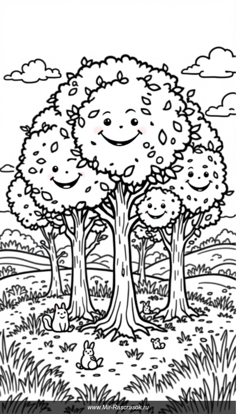 Дружные улыбающиеся деревья на солнечной поляне для детской раскраски